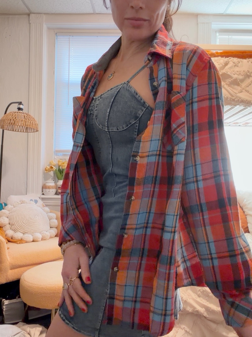 Casual Red, Orange & Blue Plaid Boyfriend Button-Up Flannel Shirt | Size S - Picture 3 of 7
